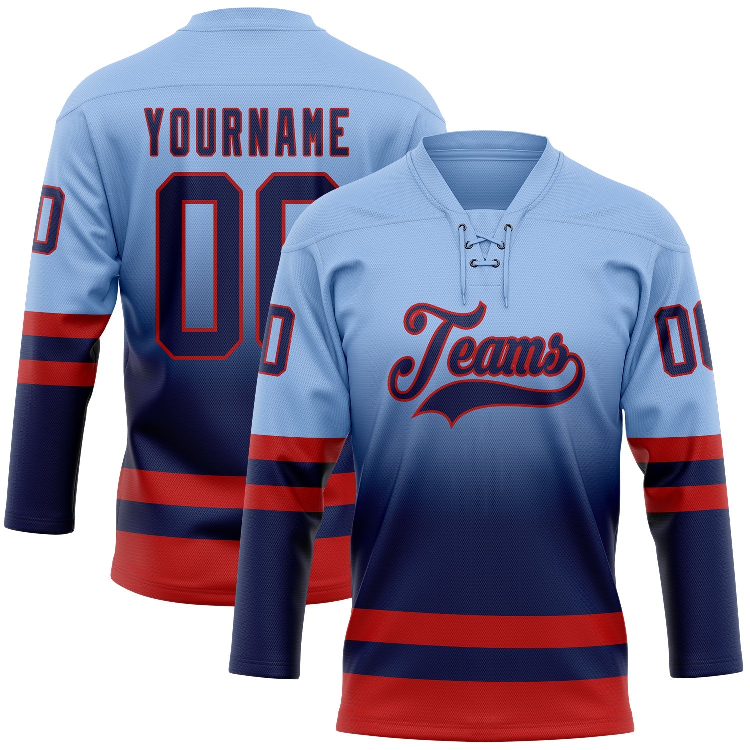Custom Light Blue Navy-Red Fade Fashion Hockey Lace Neck Jersey