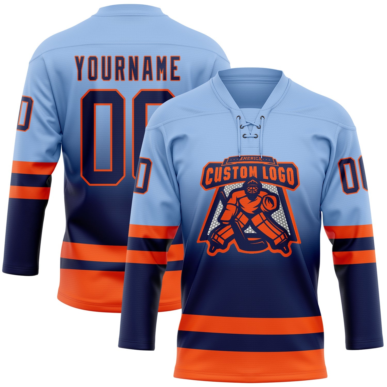 Custom Light Blue Navy-Orange Fade Fashion Hockey Lace Neck Jersey