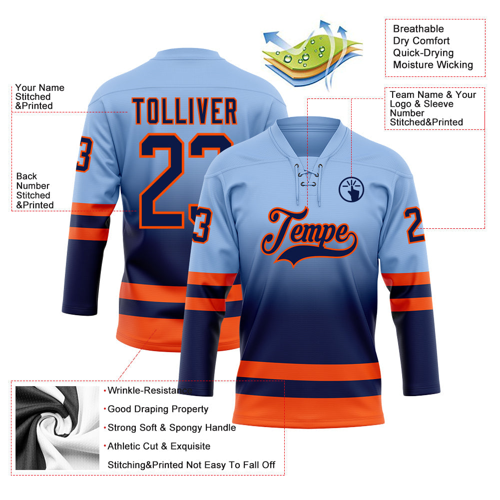 Custom Light Blue Navy-Orange Fade Fashion Hockey Lace Neck Jersey