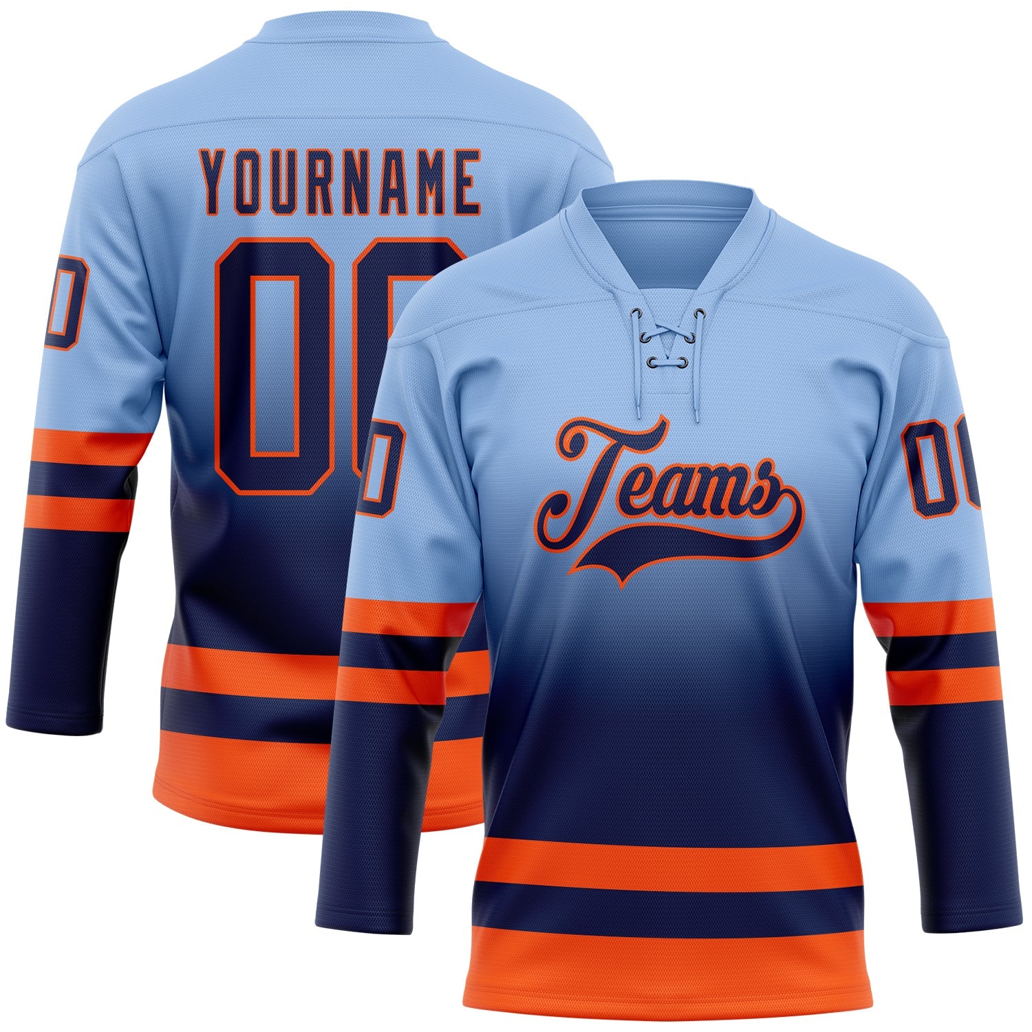 Custom Light Blue Navy-Orange Fade Fashion Hockey Lace Neck Jersey