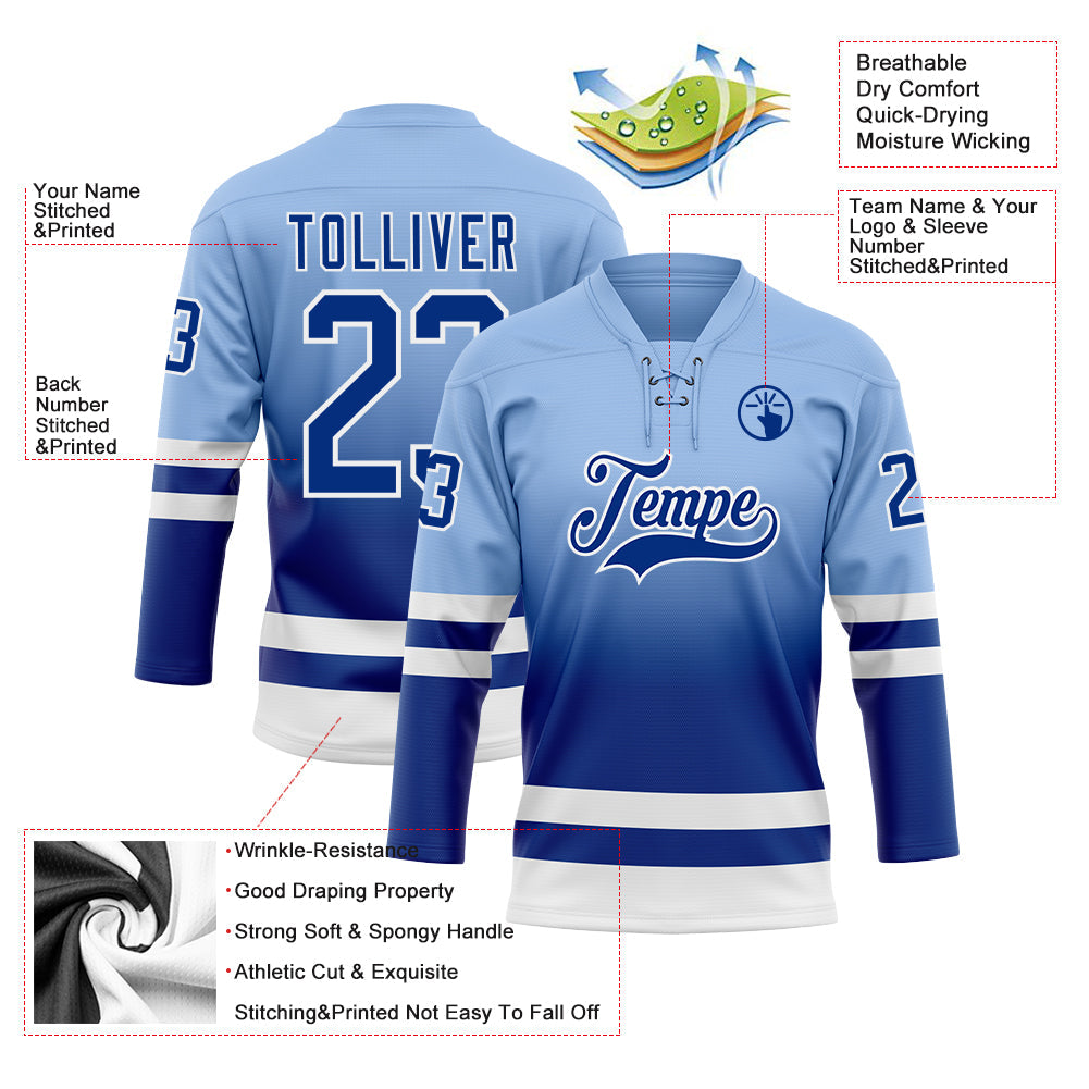 Custom Light Blue Royal-White Fade Fashion Hockey Lace Neck Jersey