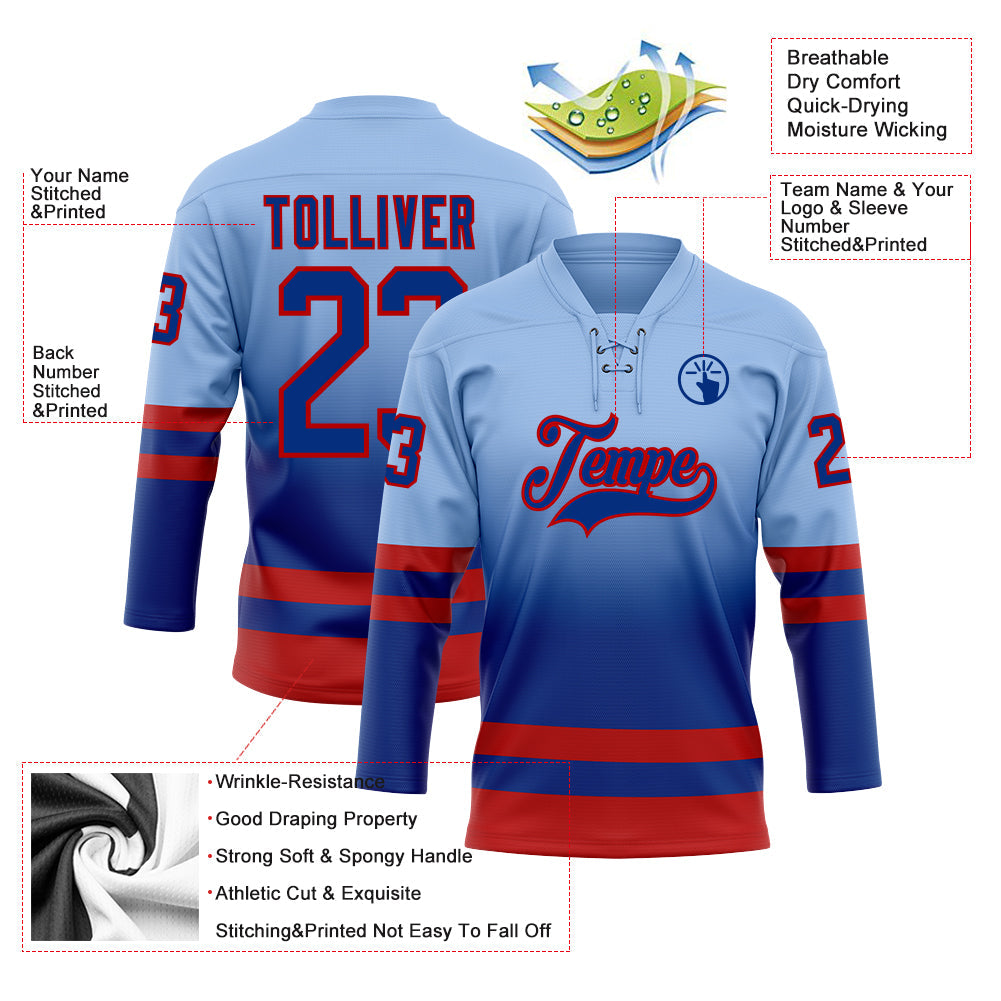 Custom Light Blue Royal-Red Fade Fashion Hockey Lace Neck Jersey