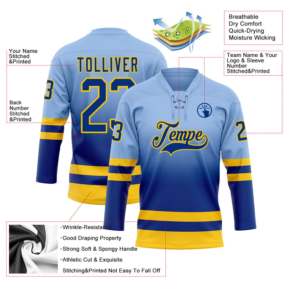Custom Light Blue Royal-Yellow Fade Fashion Hockey Lace Neck Jersey