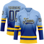Custom Light Blue Royal-Yellow Fade Fashion Hockey Lace Neck Jersey