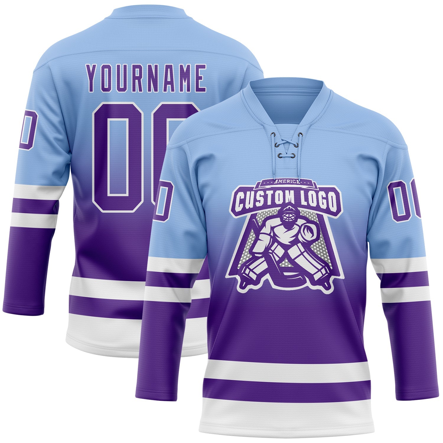 Custom Light Blue Purple-White Fade Fashion Hockey Lace Neck Jersey