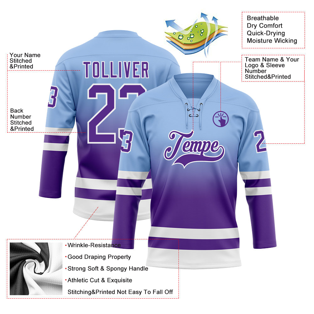 Custom Light Blue Purple-White Fade Fashion Hockey Lace Neck Jersey