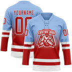 Custom Light Blue Red-White Fade Fashion Hockey Lace Neck Jersey