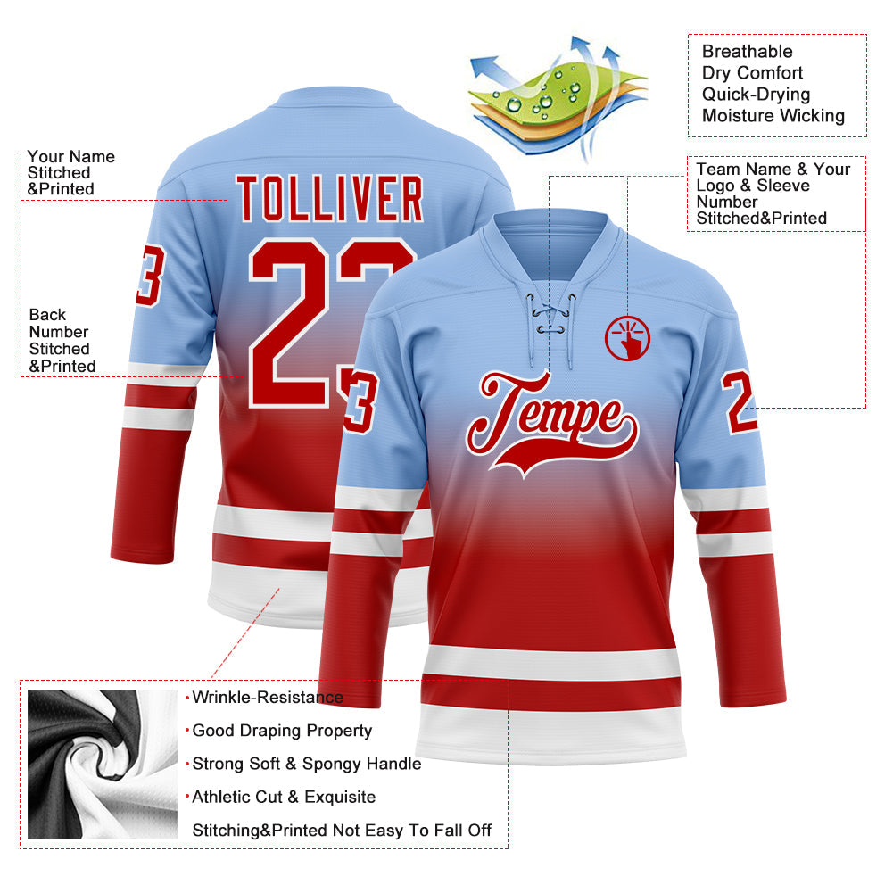 Custom Light Blue Red-White Fade Fashion Hockey Lace Neck Jersey