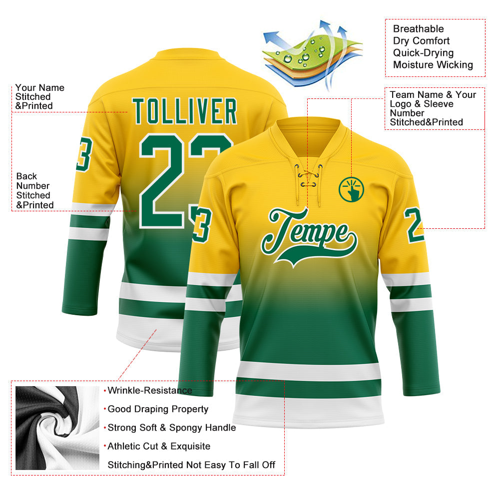 Custom Yellow Kelly Green-White Fade Fashion Hockey Lace Neck Jersey