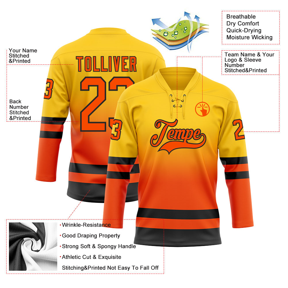 Custom Yellow Orange-Black Fade Fashion Hockey Lace Neck Jersey