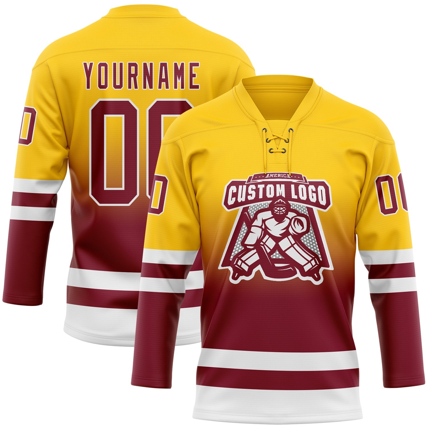 Custom Yellow Crimson-White Fade Fashion Hockey Lace Neck Jersey