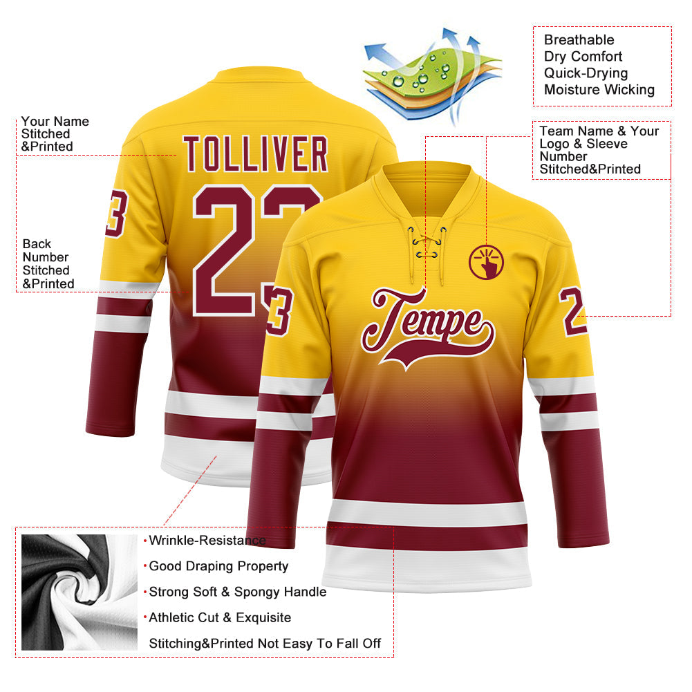 Custom Yellow Crimson-White Fade Fashion Hockey Lace Neck Jersey
