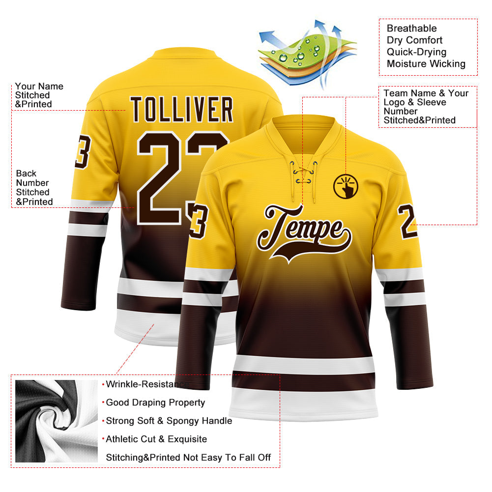 Custom Yellow Brown-White Fade Fashion Hockey Lace Neck Jersey