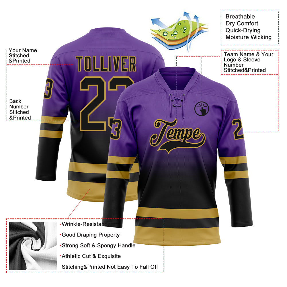Custom Purple Black-Old Gold Fade Fashion Hockey Lace Neck Jersey
