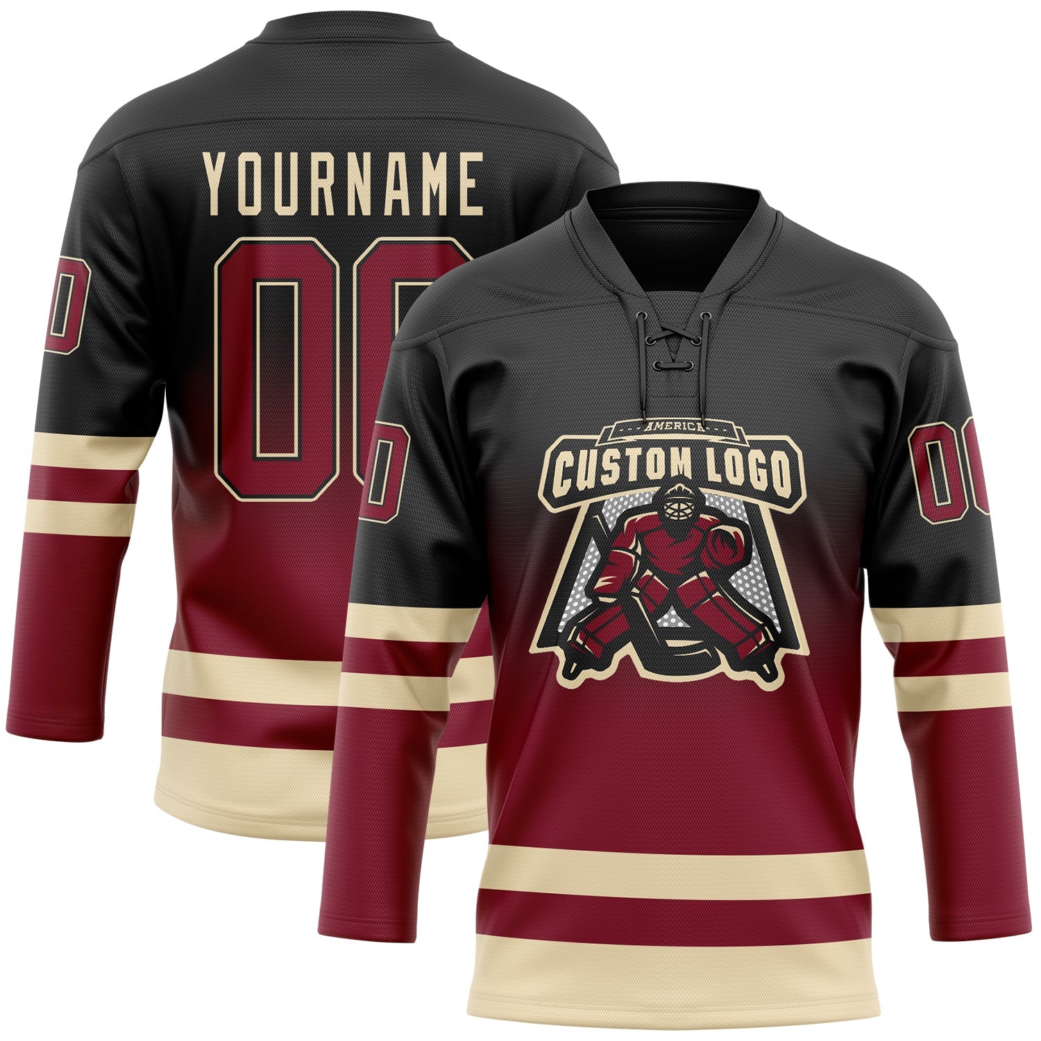 Custom Black Crimson-Cream Fade Fashion Hockey Lace Neck Jersey
