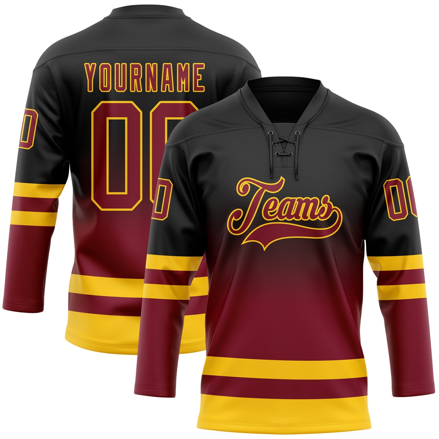 Custom Black Crimson-Yellow Fade Fashion Hockey Lace Neck Jersey