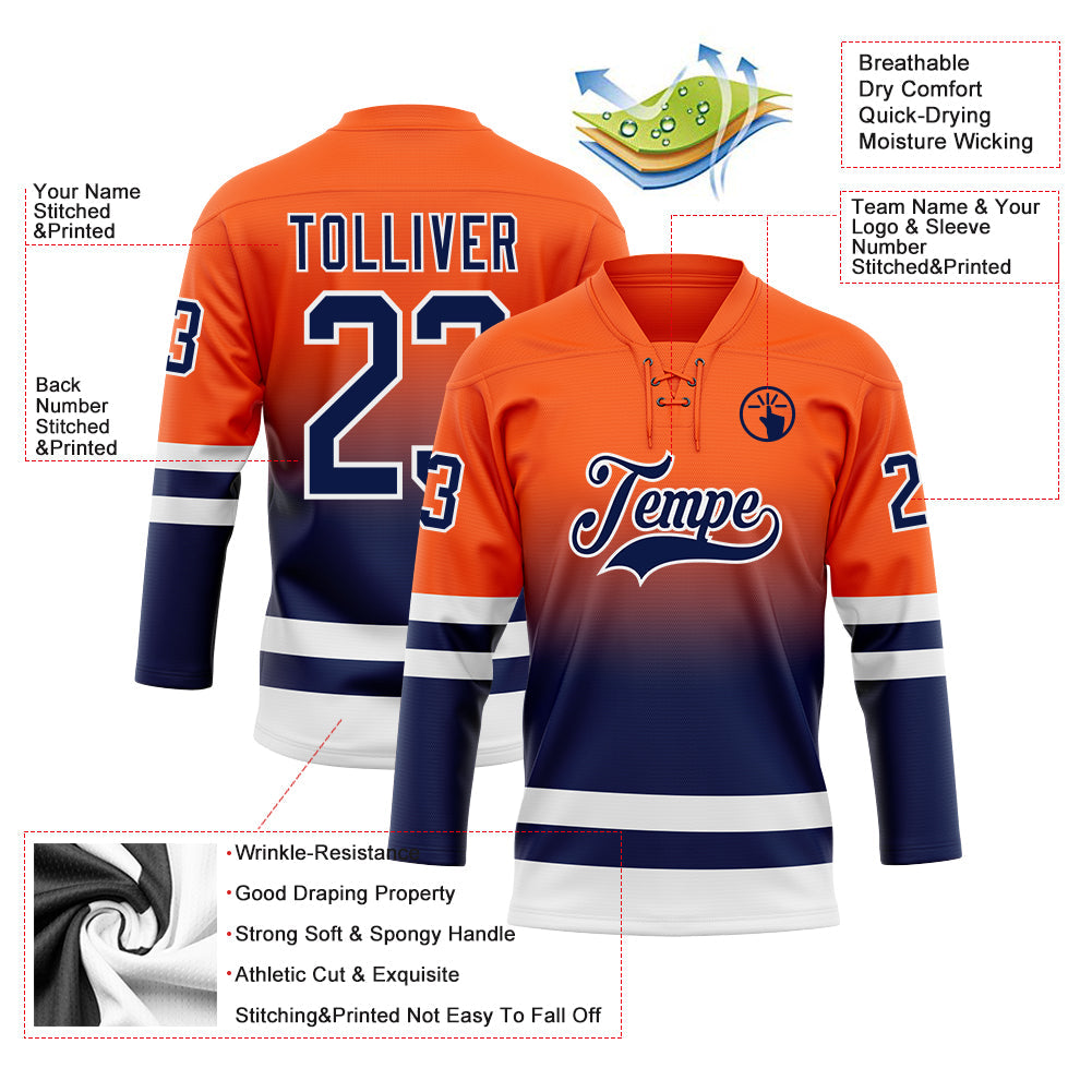 Custom Orange Navy-White Fade Fashion Hockey Lace Neck Jersey