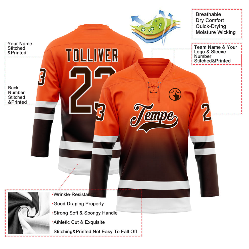 Custom Orange Brown-White Fade Fashion Hockey Lace Neck Jersey