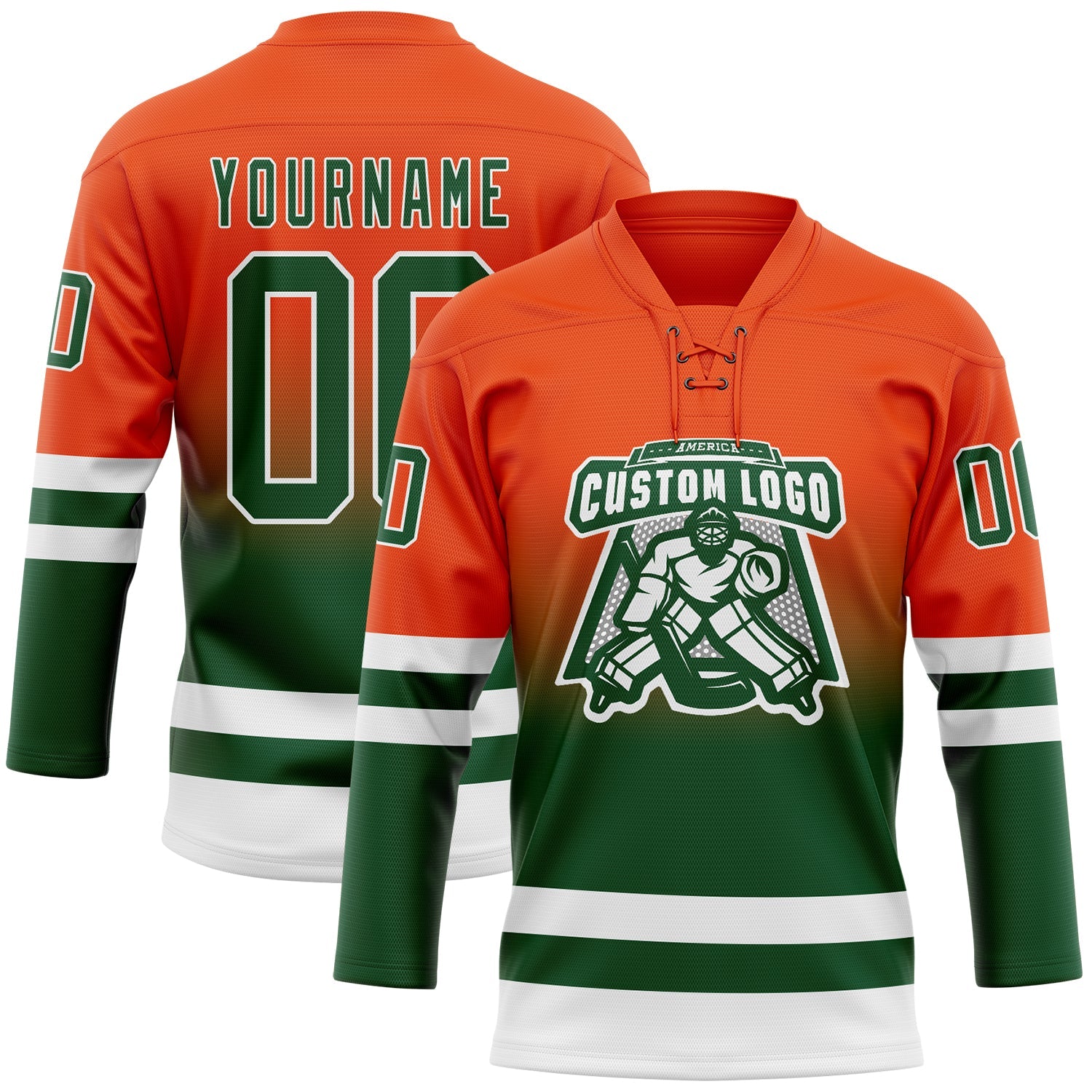 Custom Orange Green-White Fade Fashion Hockey Lace Neck Jersey