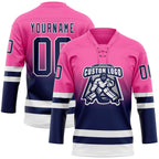 Custom Pink Navy-White Fade Fashion Hockey Lace Neck Jersey