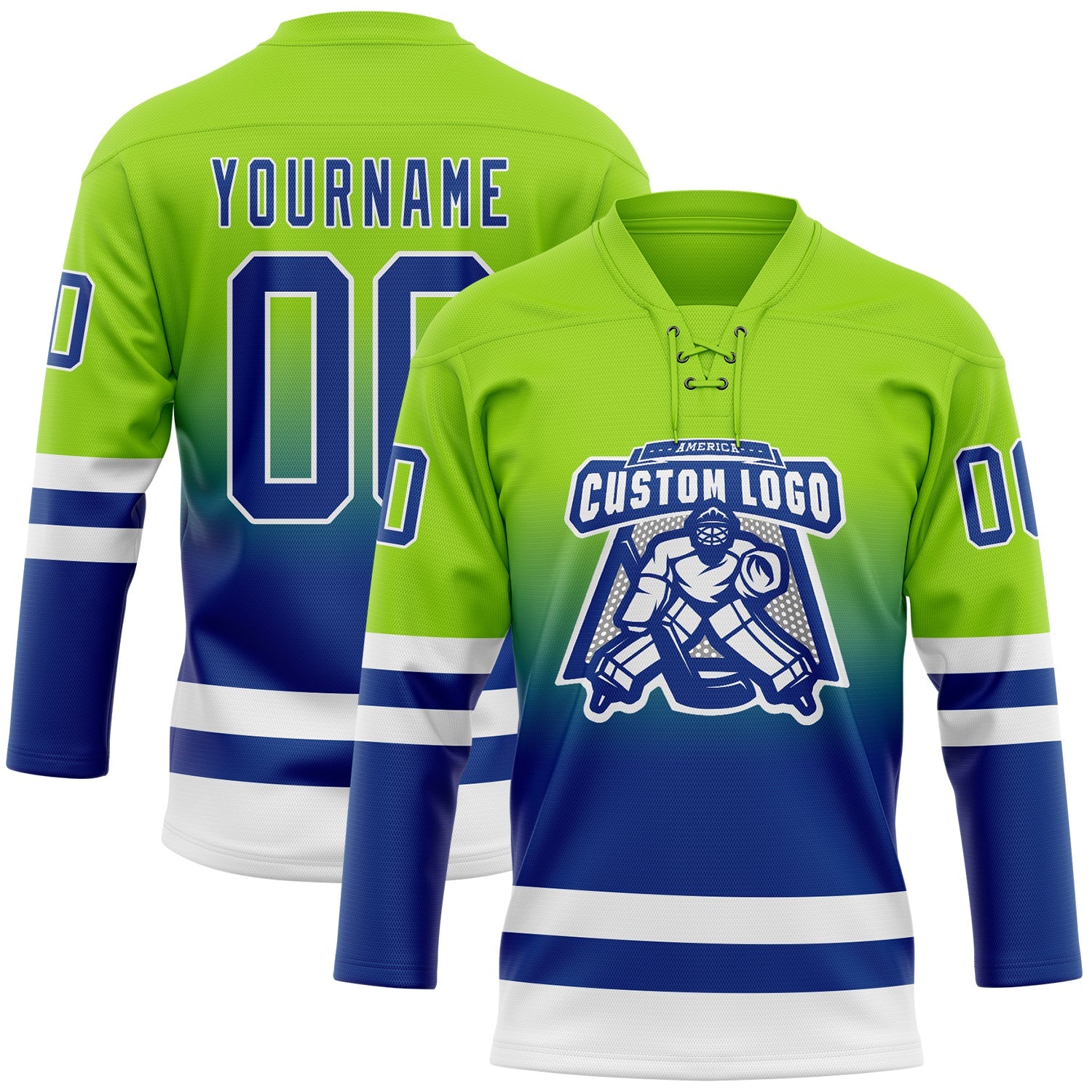 Custom Neon Green Royal-White Fade Fashion Hockey Lace Neck Jersey