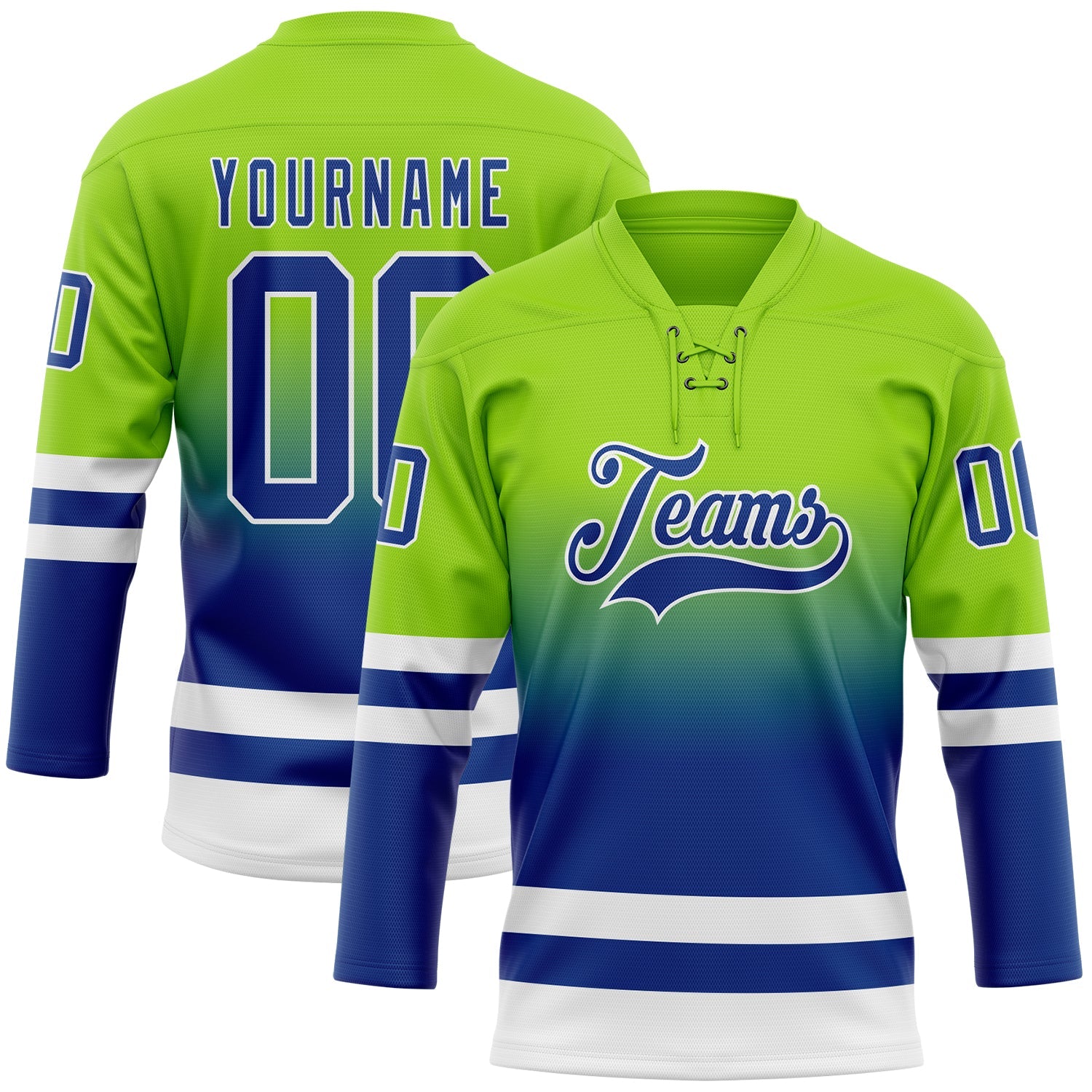 Custom Neon Green Royal-White Fade Fashion Hockey Lace Neck Jersey