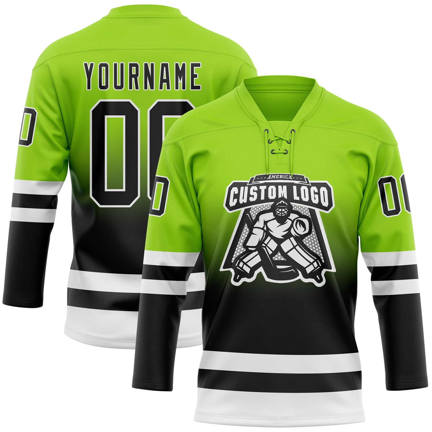 Custom Neon Green Black-White Fade Fashion Hockey Lace Neck Jersey