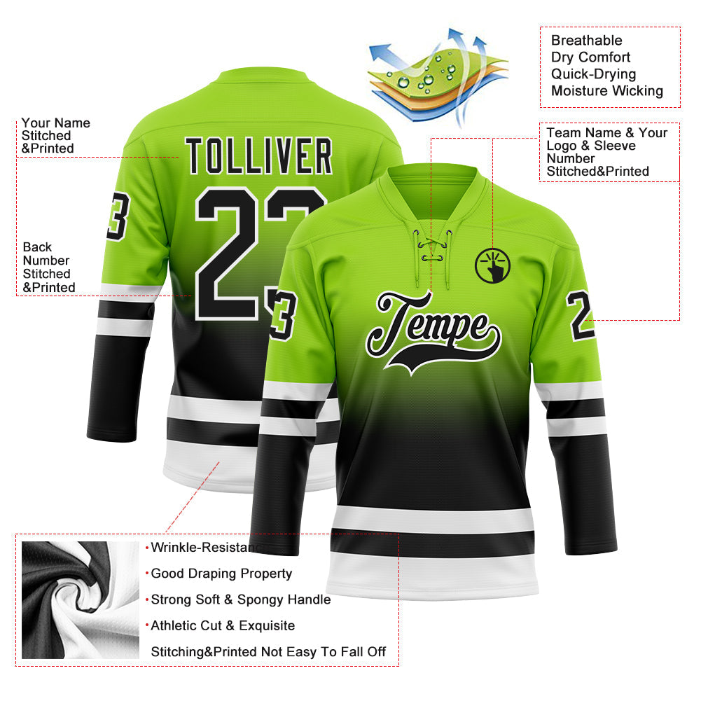 Custom Neon Green Black-White Fade Fashion Hockey Lace Neck Jersey