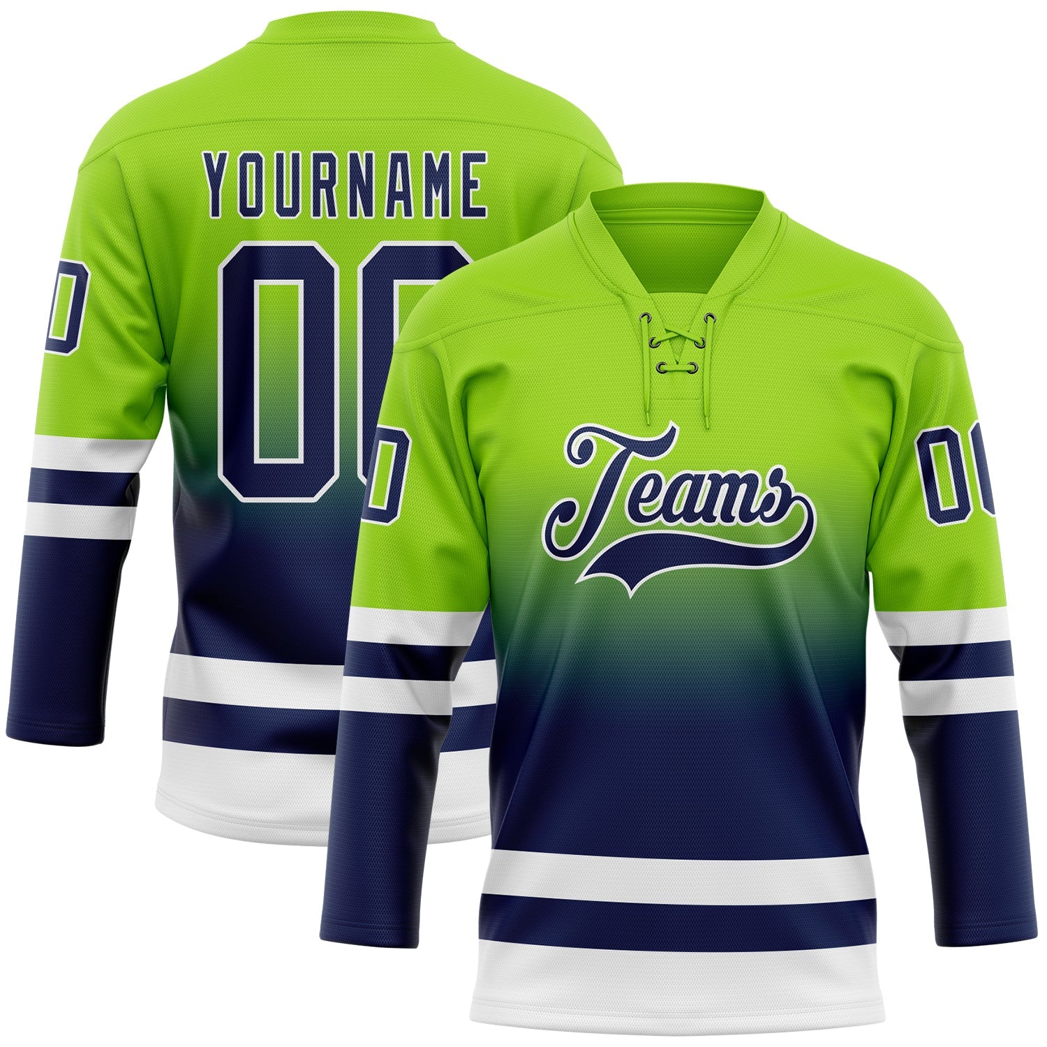 Custom Neon Green Navy-White Fade Fashion Hockey Lace Neck Jersey