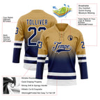 Custom Old Gold Navy-White Fade Fashion Hockey Lace Neck Jersey
