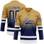 Custom Old Gold Navy-White Fade Fashion Hockey Lace Neck Jersey