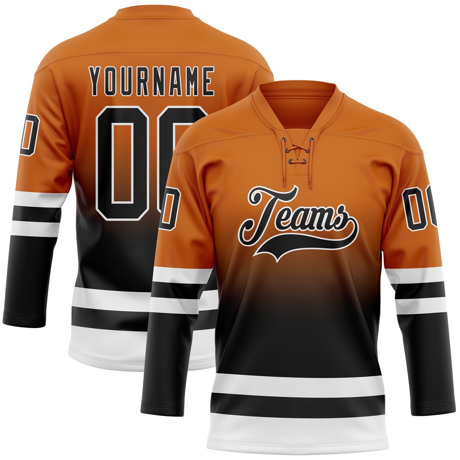 Custom Texas Orange Black-White Fade Fashion Hockey Lace Neck Jersey