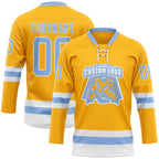 Custom Gold Light Blue-White Hockey Lace Neck Jersey