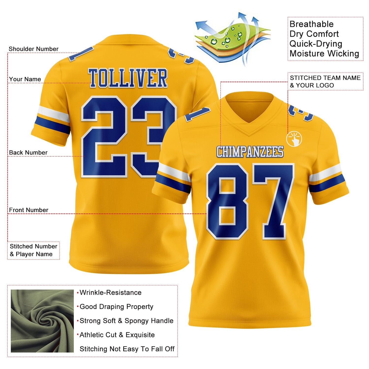 Custom Gold Royal-White Authentic Football Jersey
