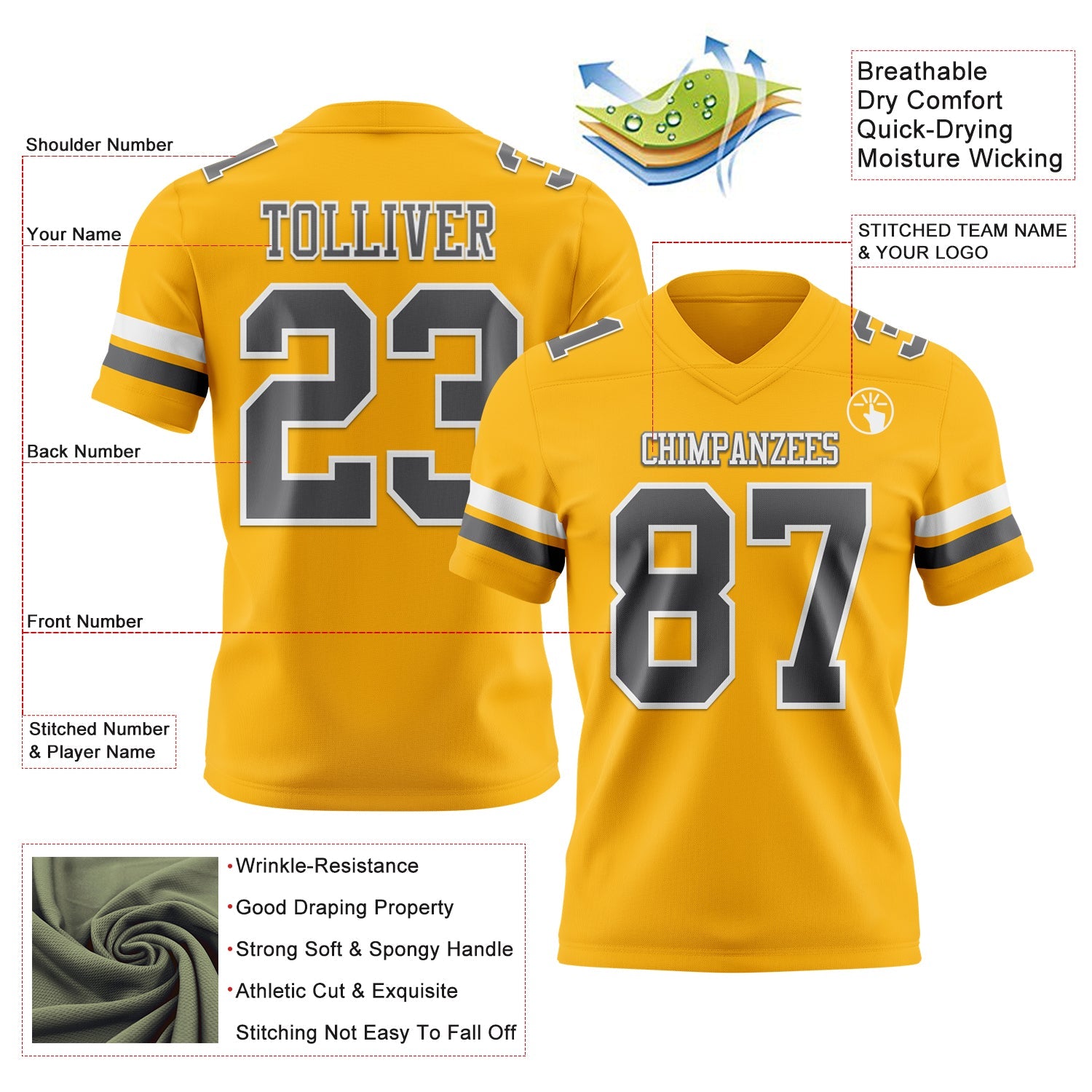 Custom Gold Steel Gray-White Authentic Football Jersey