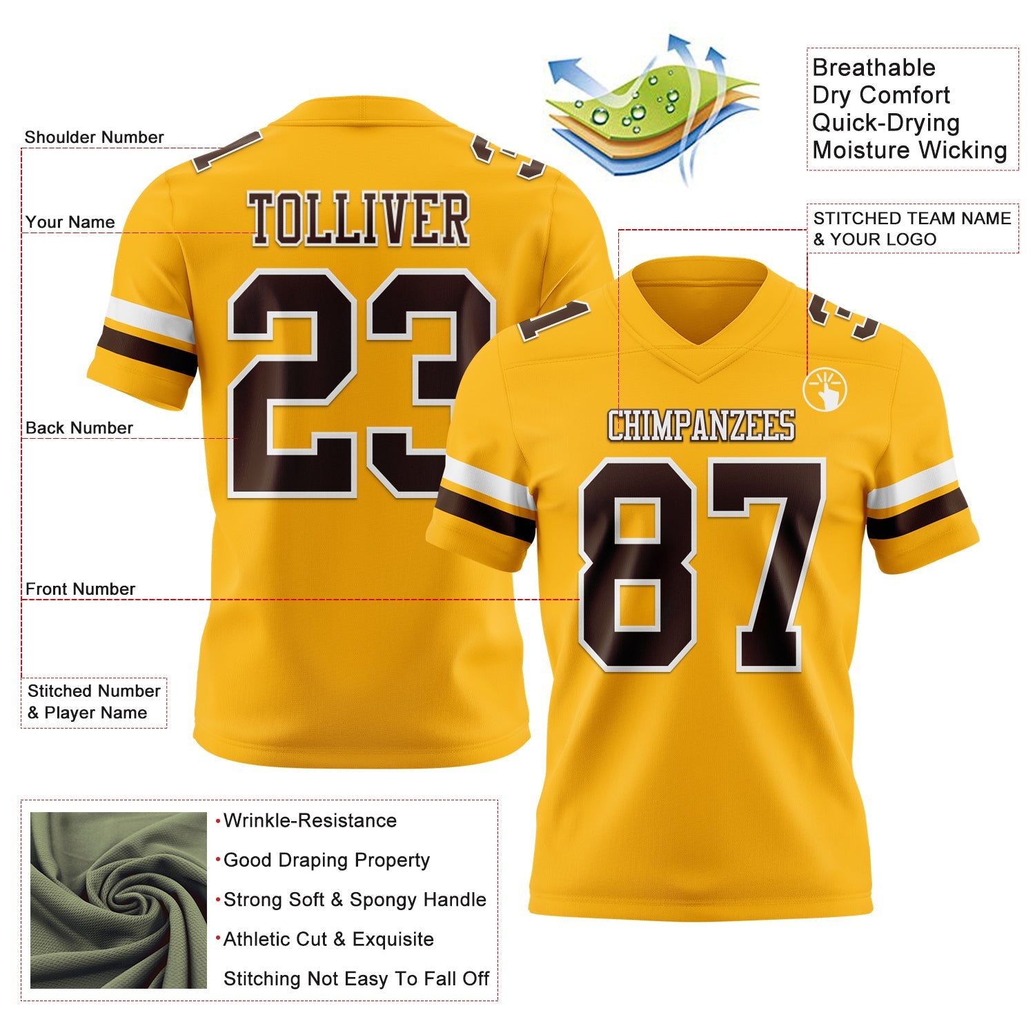 Custom Gold Brown-White Authentic Football Jersey