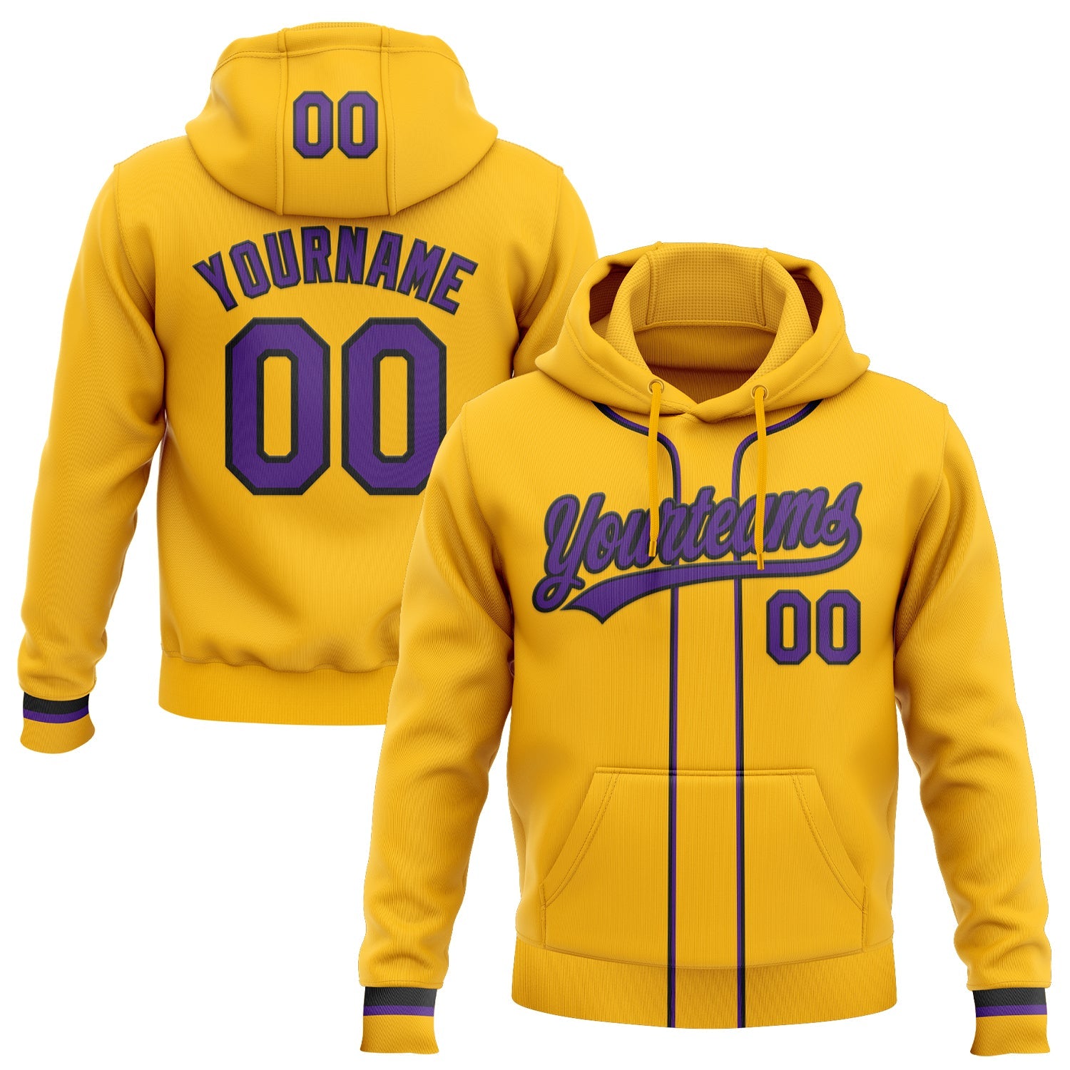 Custom Stitched Gold Purple-Black Baseball Pullover Sweatshirt Hoodie