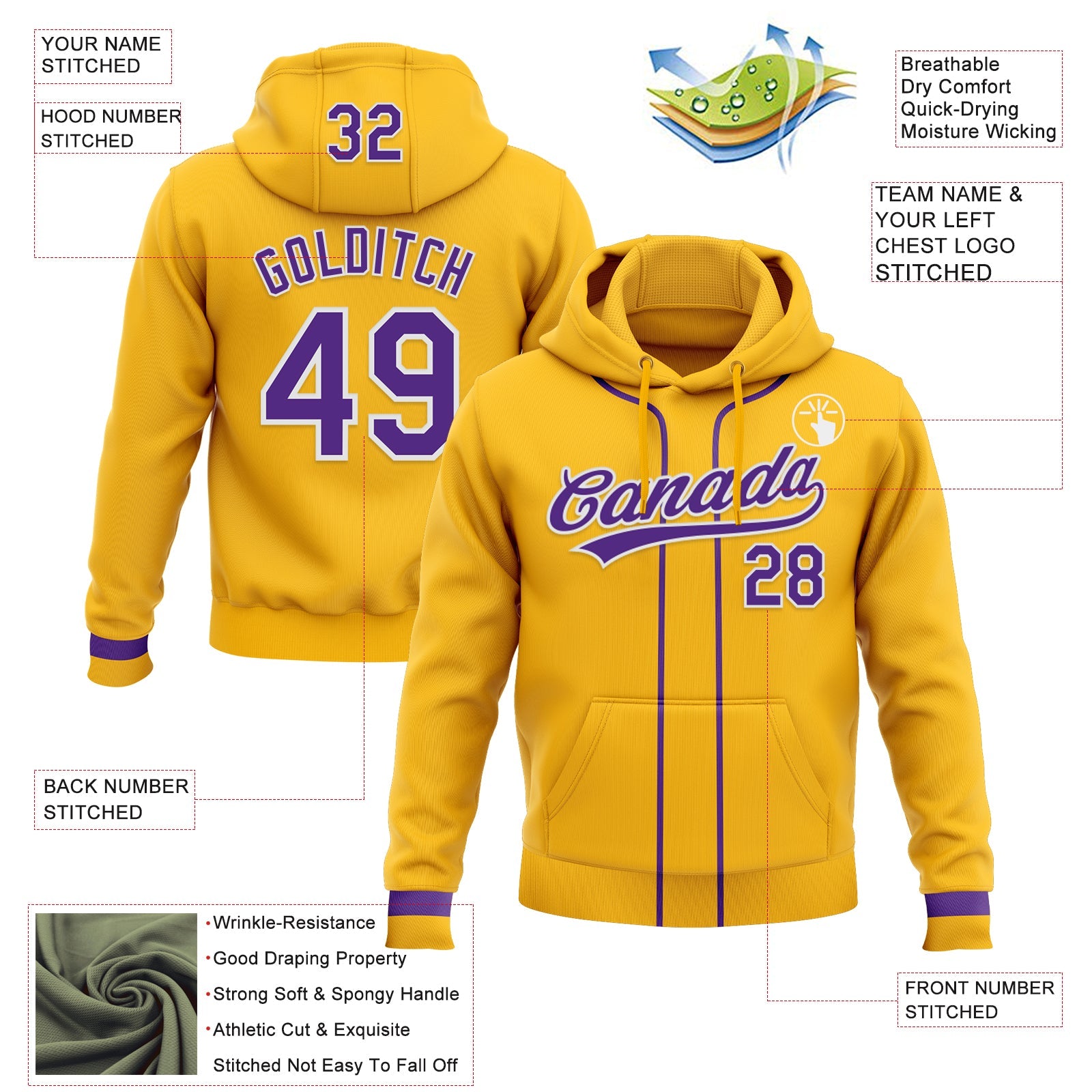 Custom Stitched Gold Purple-White Baseball Pullover Sweatshirt Hoodie