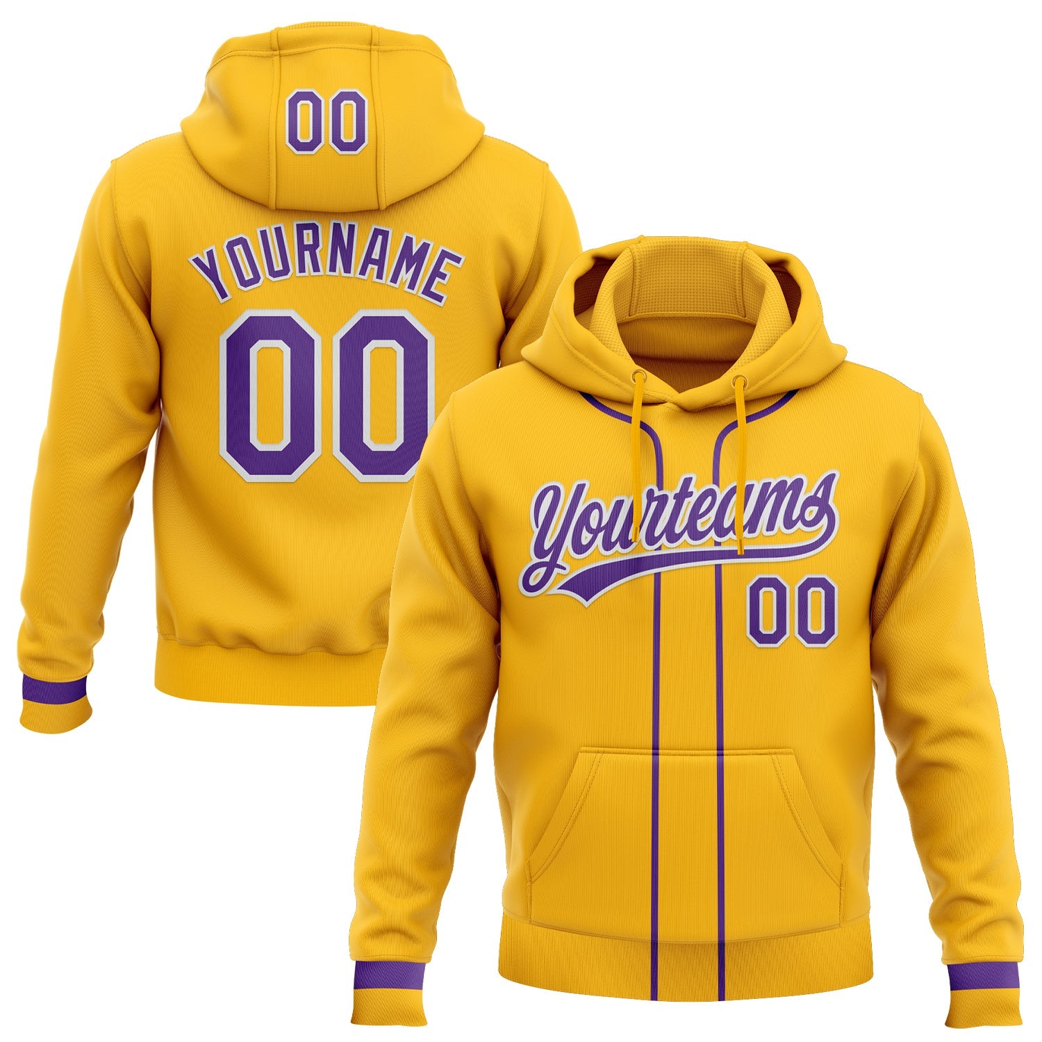Custom Stitched Gold Purple-White Baseball Pullover Sweatshirt Hoodie