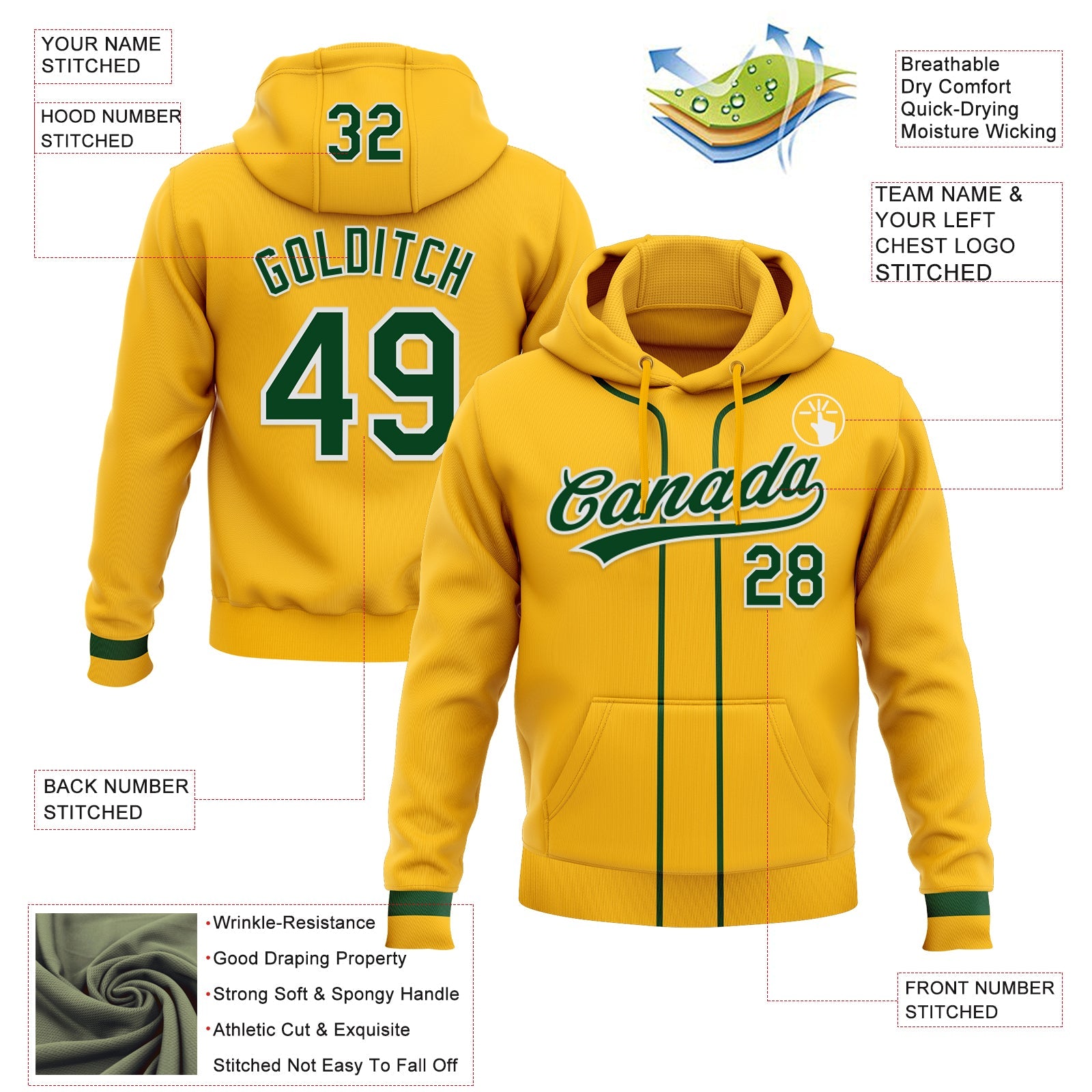 Custom Stitched Gold Green-White Baseball Pullover Sweatshirt Hoodie