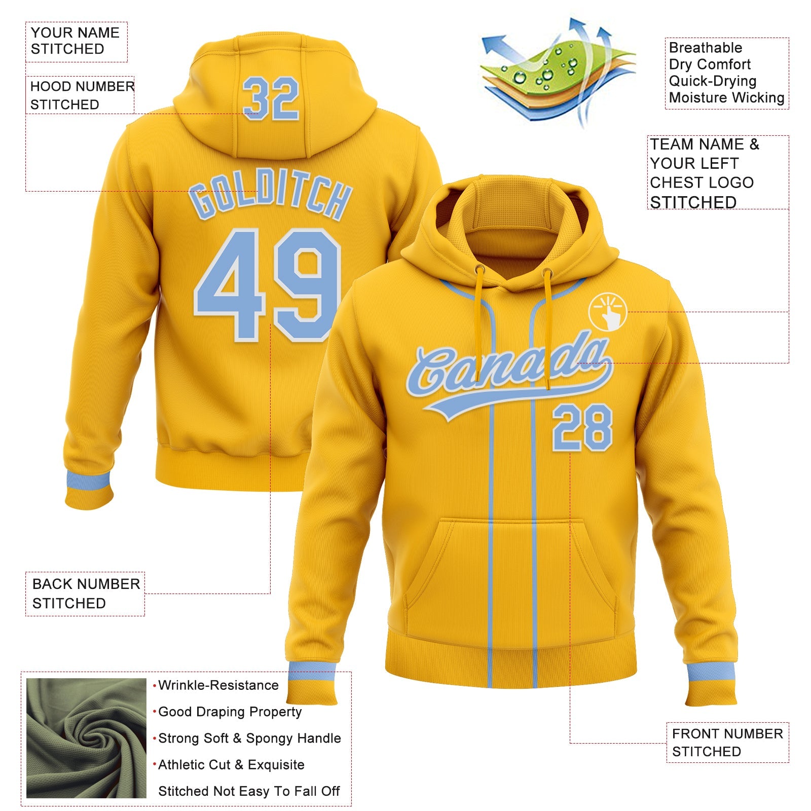 Custom Stitched Gold Light Blue-White Baseball Pullover Sweatshirt Hoodie