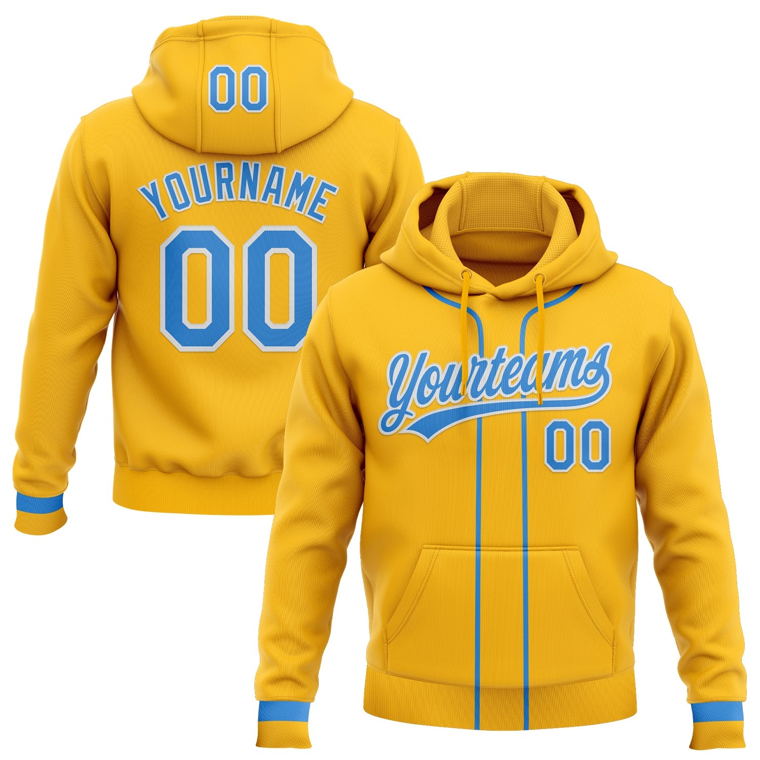 Custom Stitched Gold Powder Blue-White Baseball Pullover Sweatshirt Hoodie