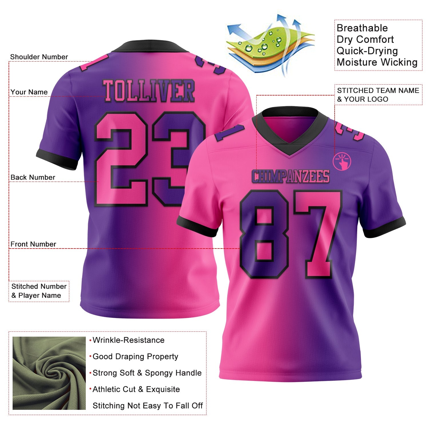 Custom Purple Pink-Black Authentic Gradient Fashion Football Jersey