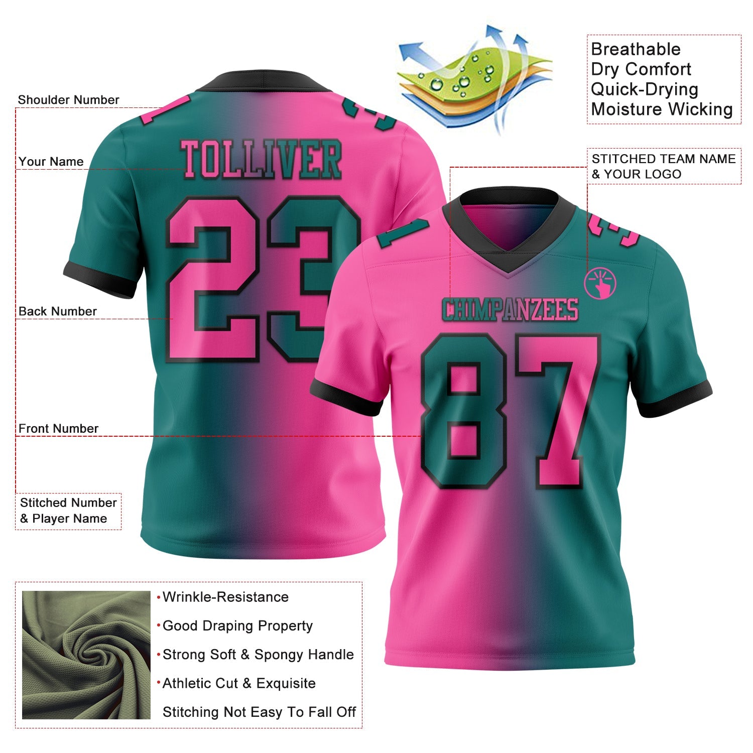 Custom Teal Pink-Black Authentic Gradient Fashion Football Jersey