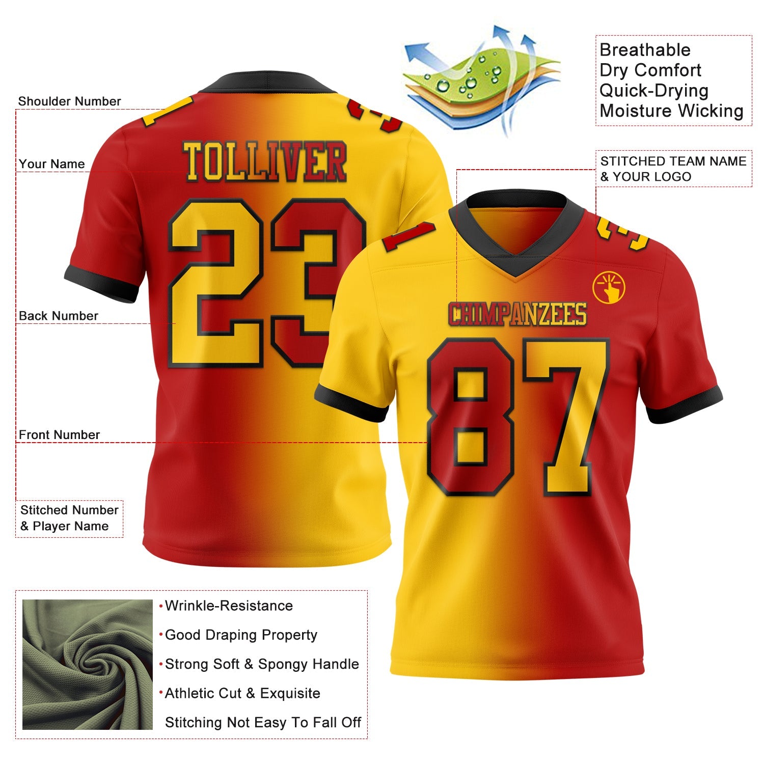 Custom Red Yellow-Black Authentic Gradient Fashion Football Jersey