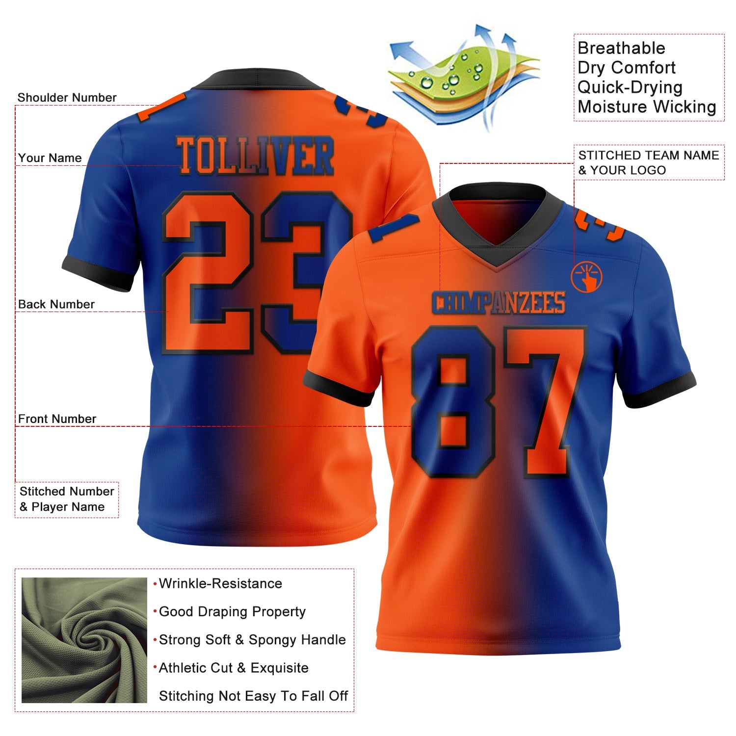 Custom Royal Orange-Black Authentic Gradient Fashion Football Jersey