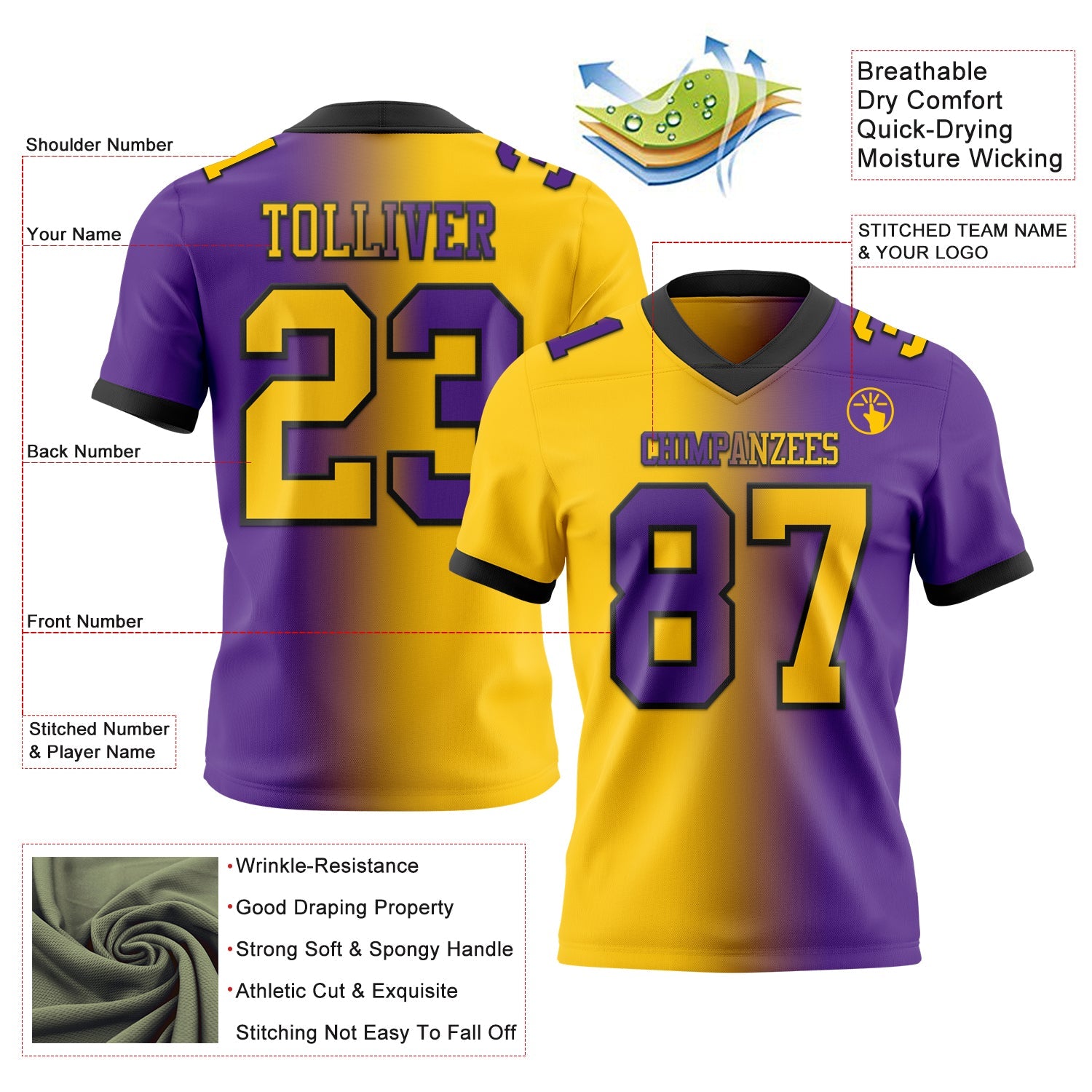 Custom Purple Yellow-Black Authentic Gradient Fashion Football Jersey