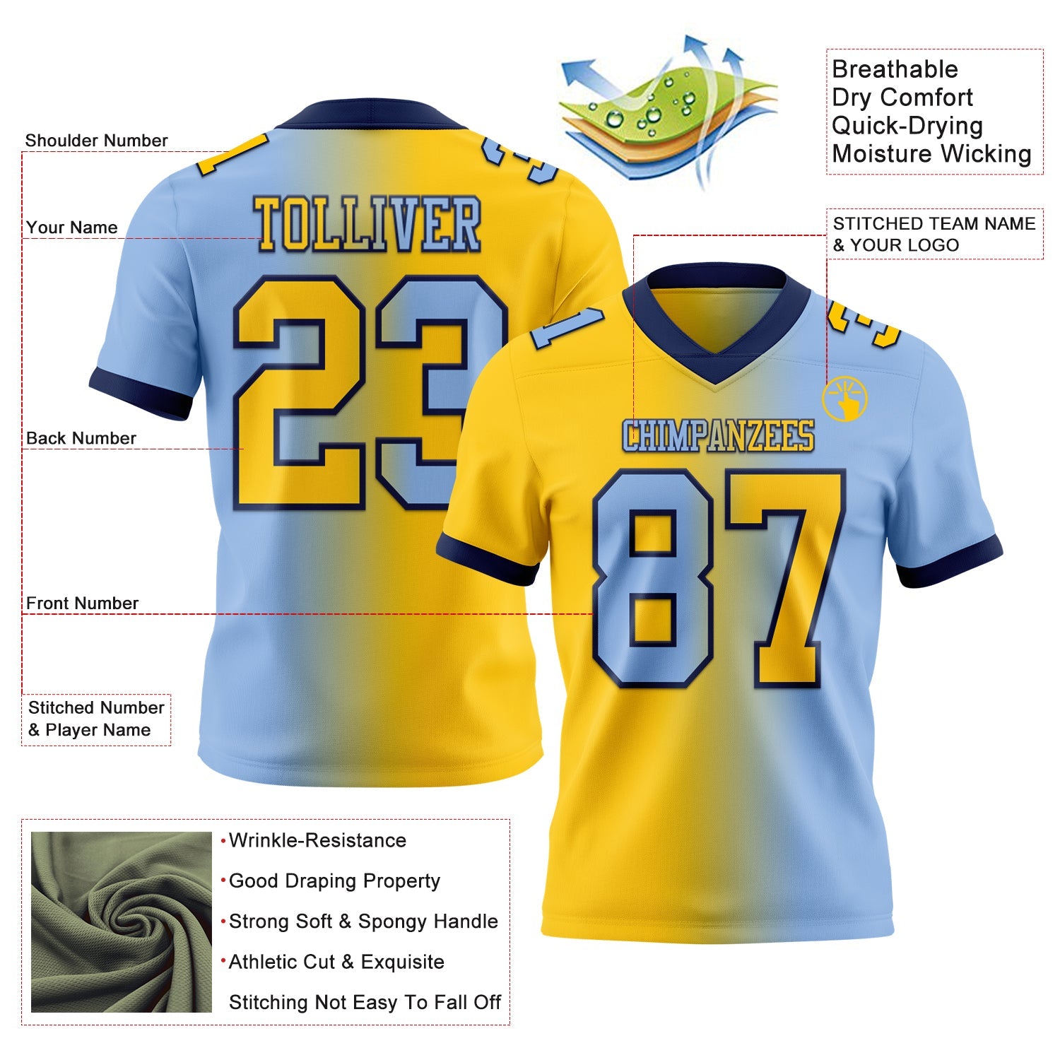 Custom Light Blue Yellow-Navy Authentic Gradient Fashion Football Jersey