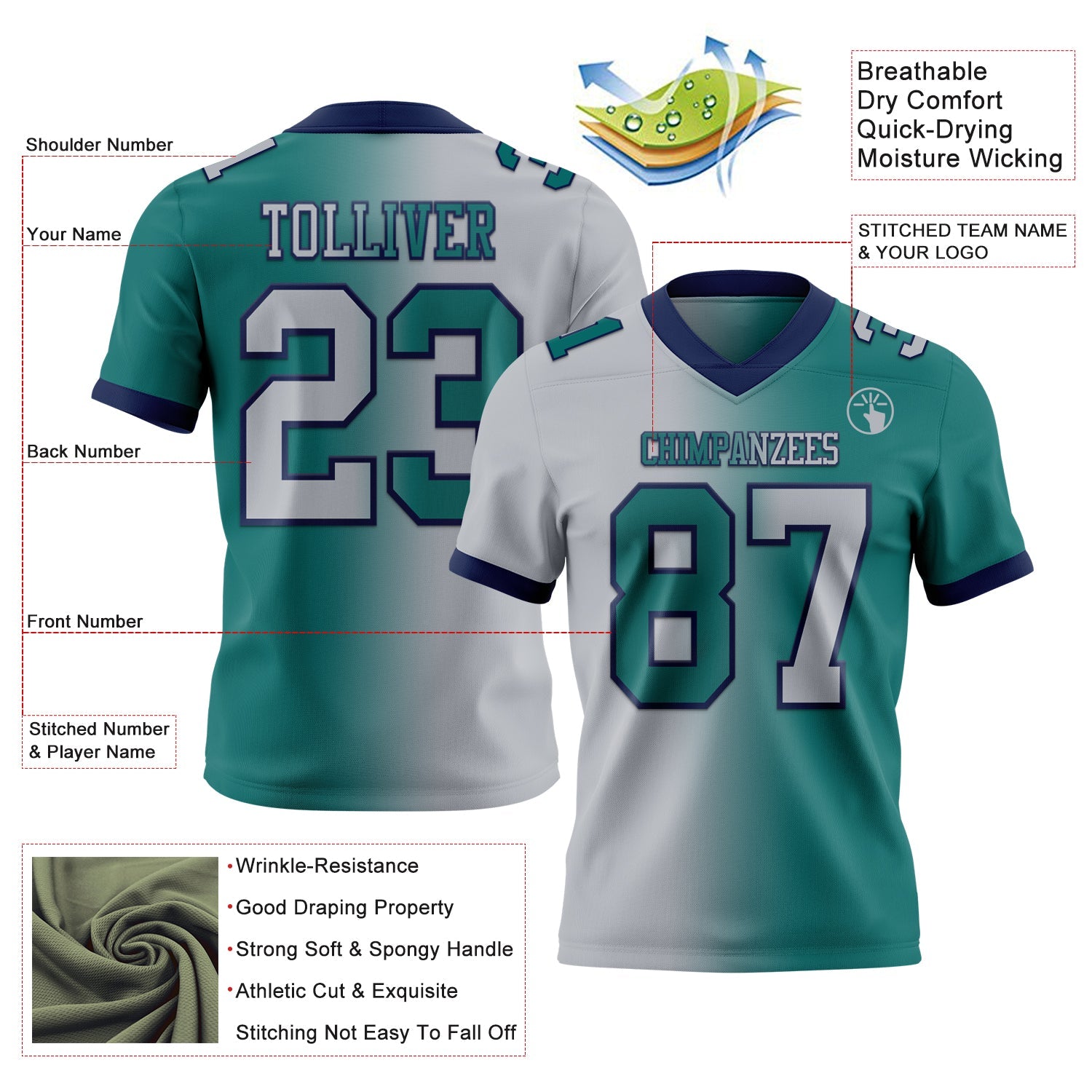 Custom Teal Gray-Navy Authentic Gradient Fashion Football Jersey