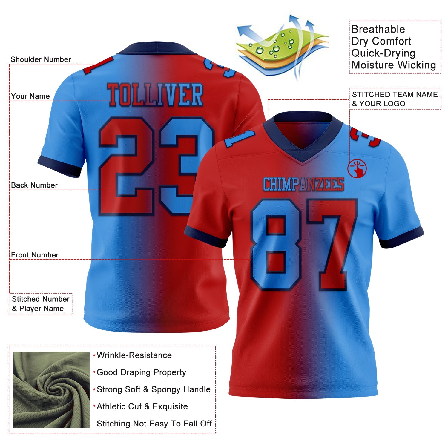 Custom Powder Blue Red-Navy Authentic Gradient Fashion Football Jersey